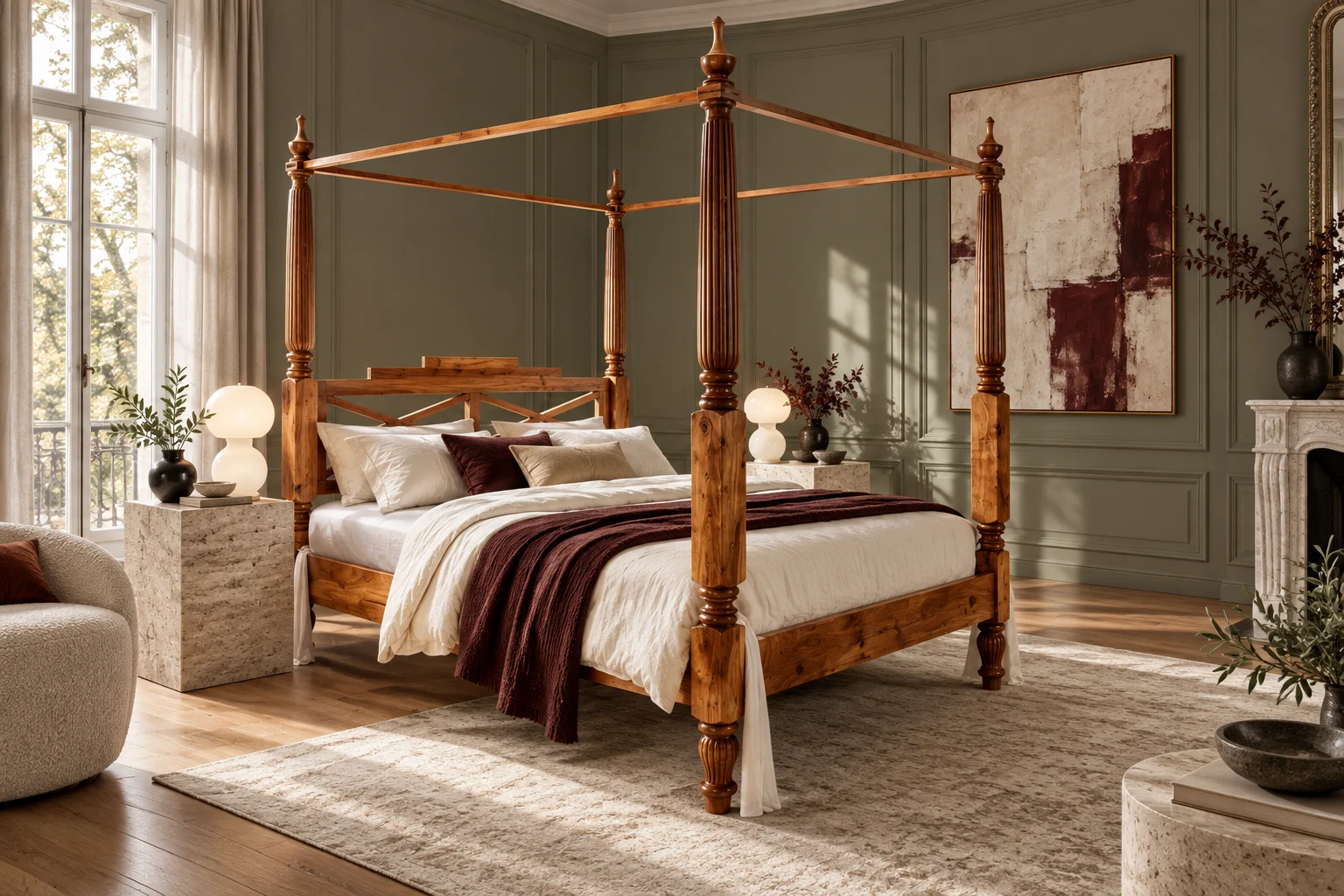 Akazien-Himmelbett in einem salbeigrünen Schlafzimmer mit heller Bettwäsche und burgunderfarbenen Akzenten