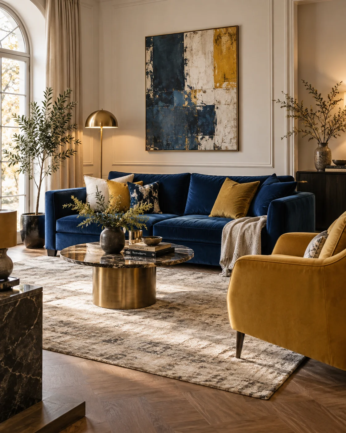 Klassisches Wohnzimmer mit cremefarbenem Hintergrund, marineblauem Samtsofa und senfgelbem Sessel als Akzent