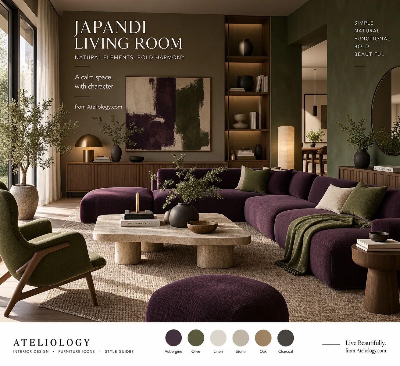 Japandi-Wohnzimmer in Aubergine und Olive: dasselbe Prinzip mit einer anderen kräftigen Farbwelt