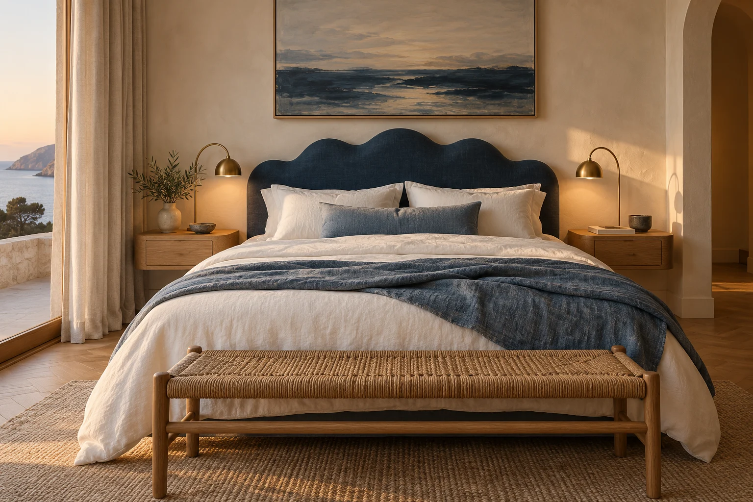 Maritimes Schlafzimmer mit geschwungenem navyblauem Kopfteil, Leinenbettwäsche, Eichen-Nachttischen und Messingleuchten