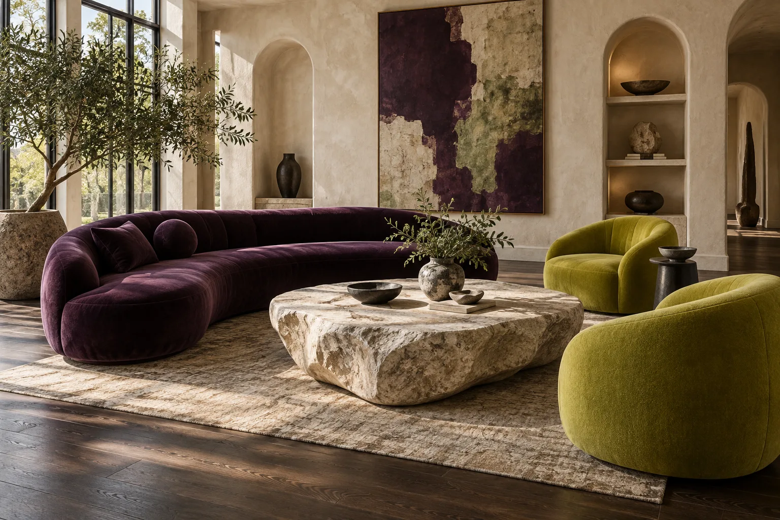 Auberginefarbenes Sofa mit gelbgrünen Sesseln