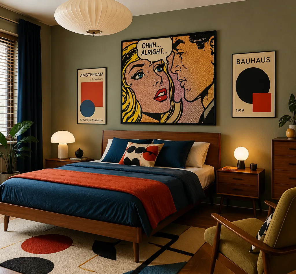 Mid-Century-Schlafzimmer mit navyblauer Bettwäsche, rotem Akzent und einem großformatigen Pop-Art-Print