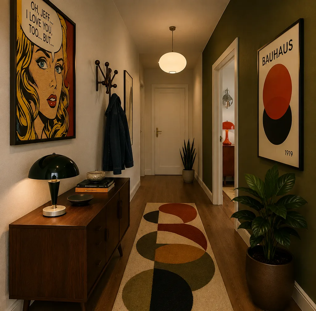 Schmaler Mid-Century-Flur mit einem einzelnen Pop-Art-Akzent, Nussbaum-Sideboard und grafischem Läufer