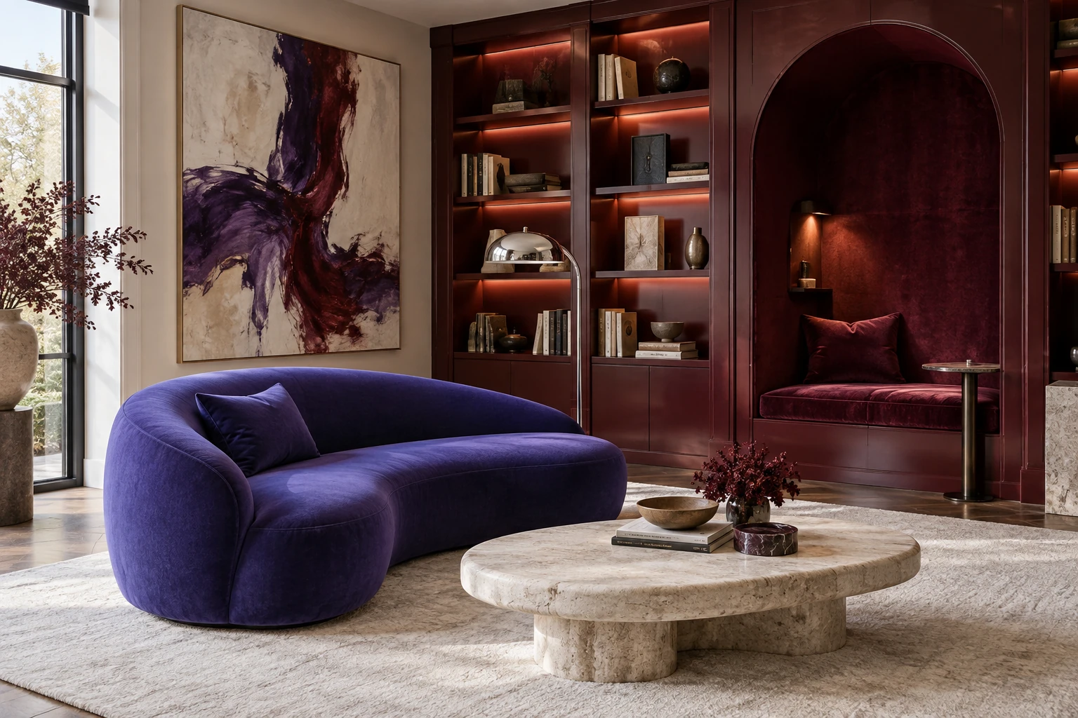 Blauviolettes Sofa vor einer bordeauxroten Bücherwand mit gewölbter Lesenische