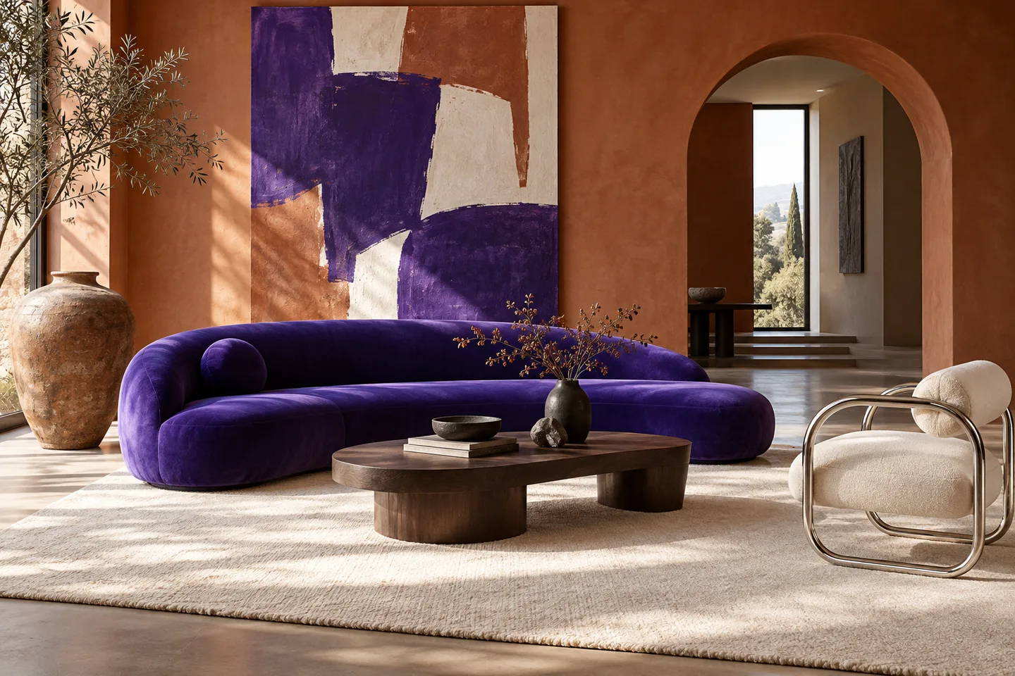 Kräftig violettes geschwungenes Sofa vor einer Terrakotta-Wand mit großem Bogen und dunklem Couchtisch