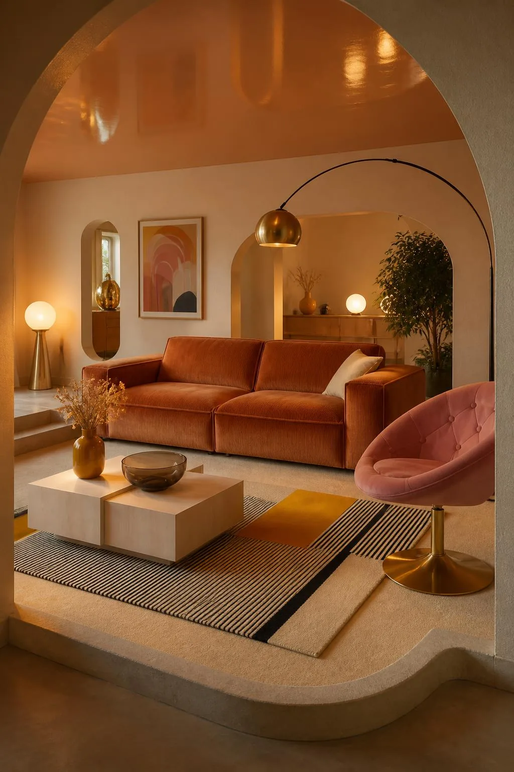 Abgesenkte 70er-Jahre-Sitzlounge mit rostfarbenem Cordsofa, altrosa Samtsessel, Kelim-Teppich und goldener Bogenleuchte