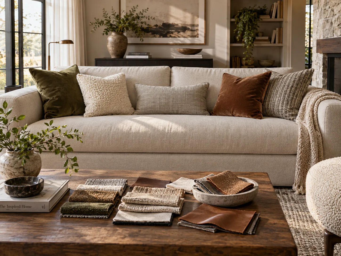 Stoff- und Ledermuster liegen auf einem Couchtisch vor einem beigen Sofa