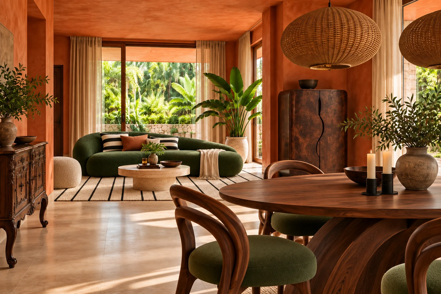 Wohn-Esszimmer mit Terrakottawänden, grünem Sofa, skulpturalem Walnusstisch und Hausbar und schwarzweißem Streifenteppich