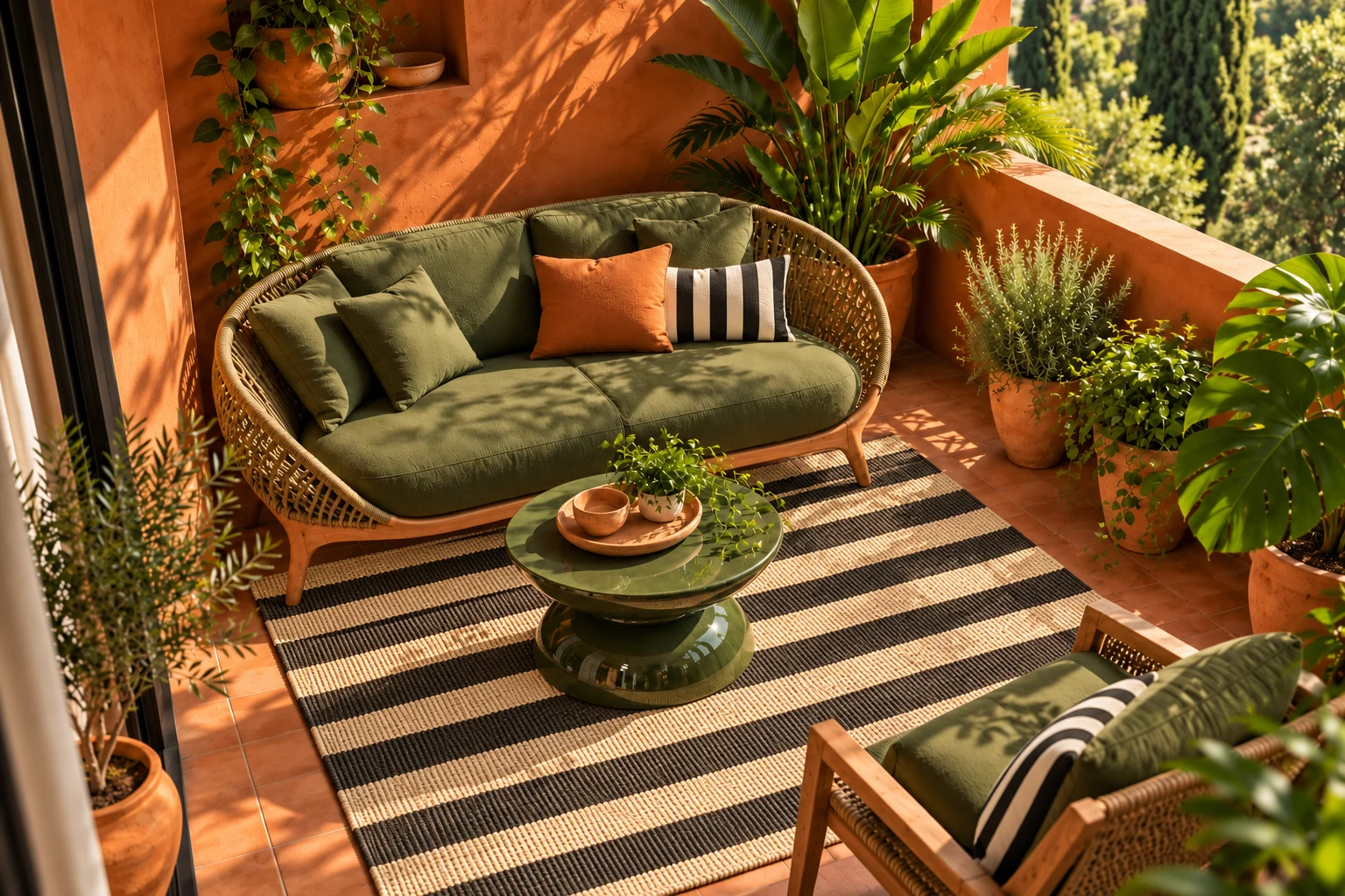 Balkon mit Terrakottawand, grünem Outdoorsofa und Keramiktisch aus erhöhter Perspektive mit schwarzweißen Outdoorstreifen
