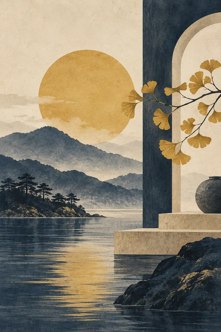 Ginkgo, Goldsonne und Tonvase