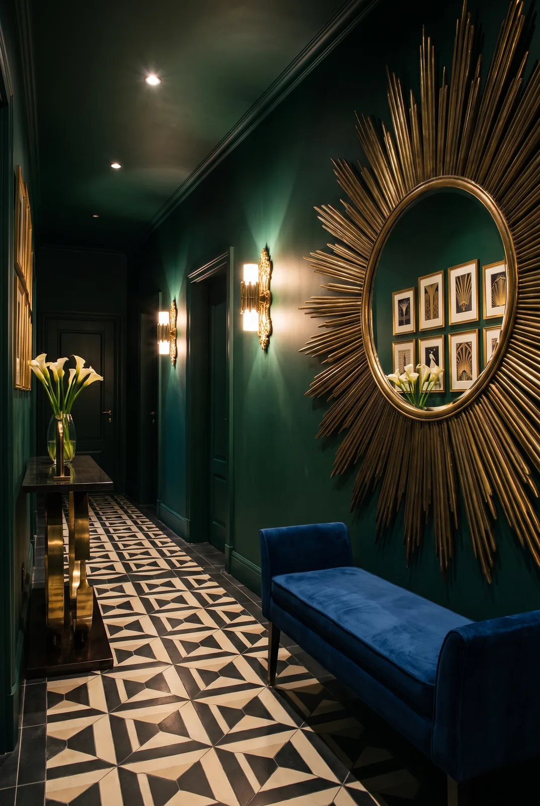 Art-Deco-Flur mit Sunburst-Spiegel und Fliesenmuster