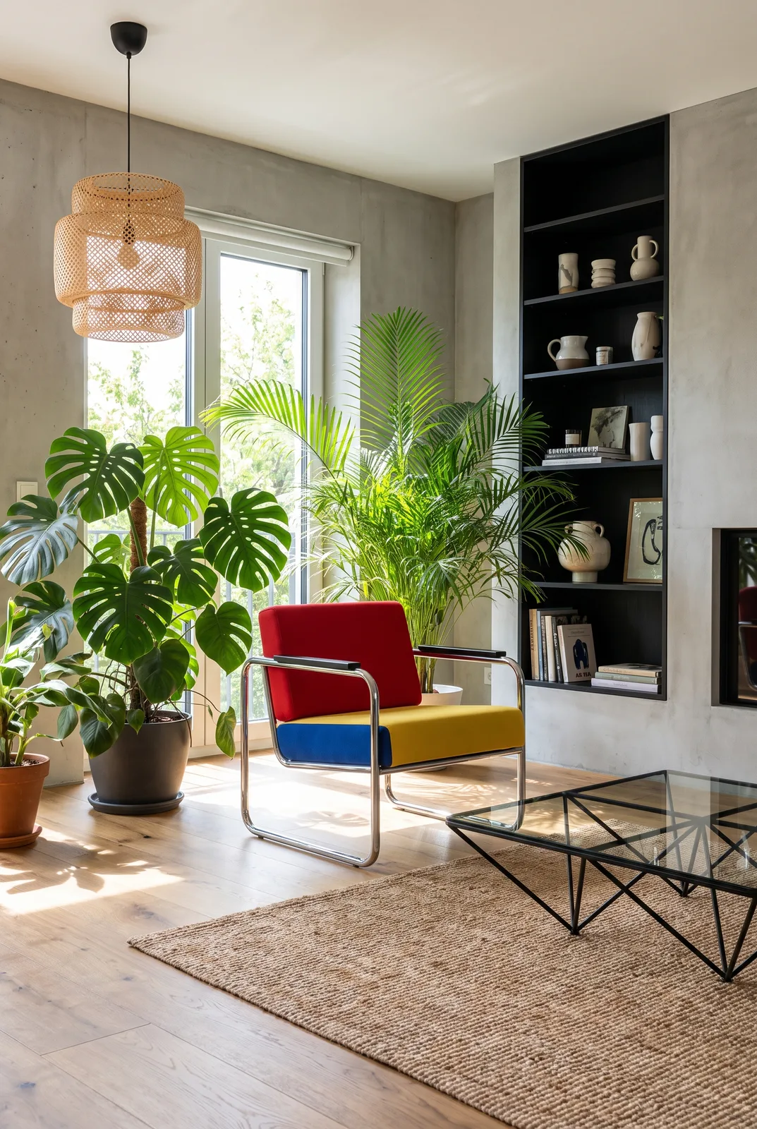 Bauhaus-Geometrie im tropischen Dschungel-Wohnzimmer