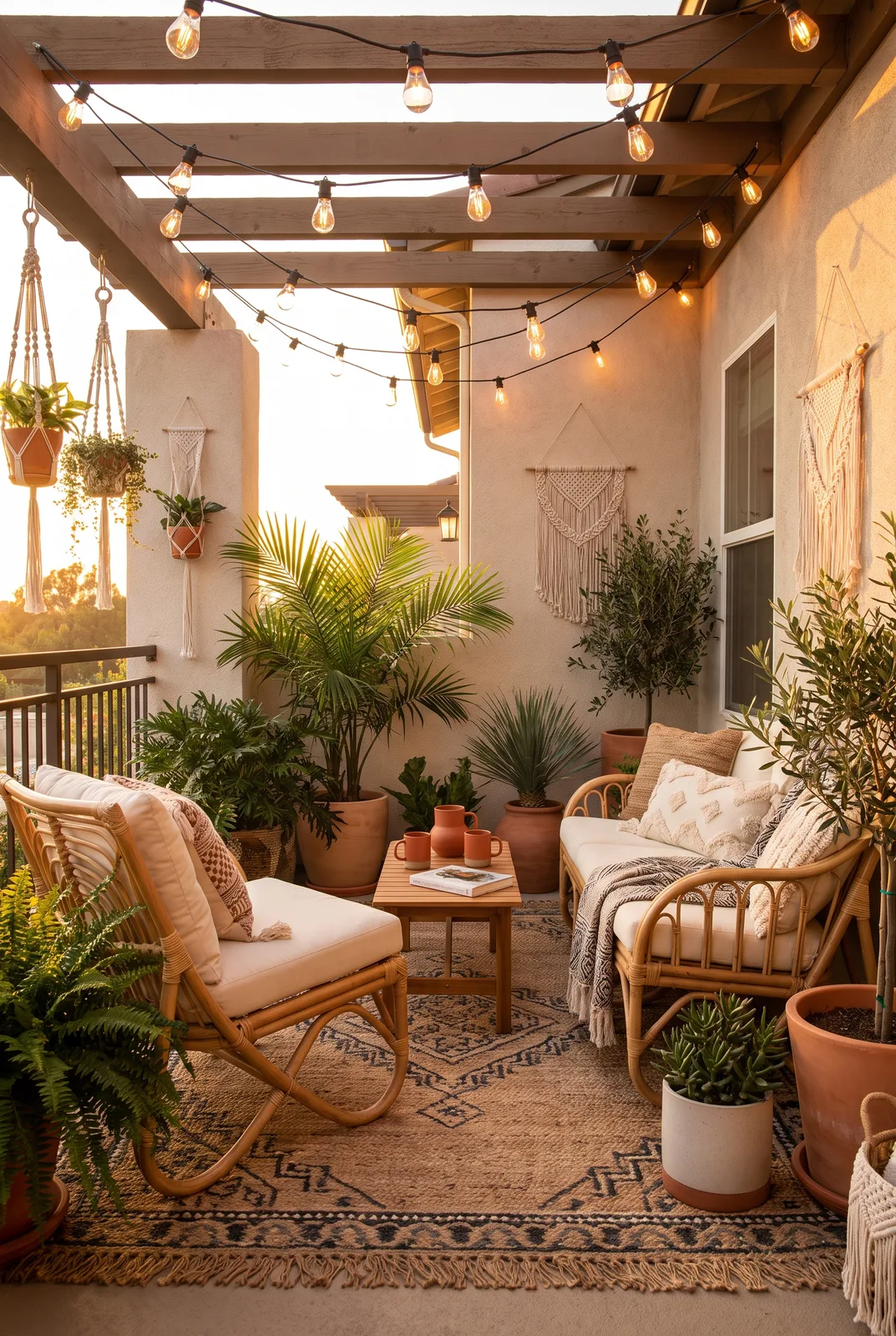 Boho-Balkon mit Rattan und Lichterketten