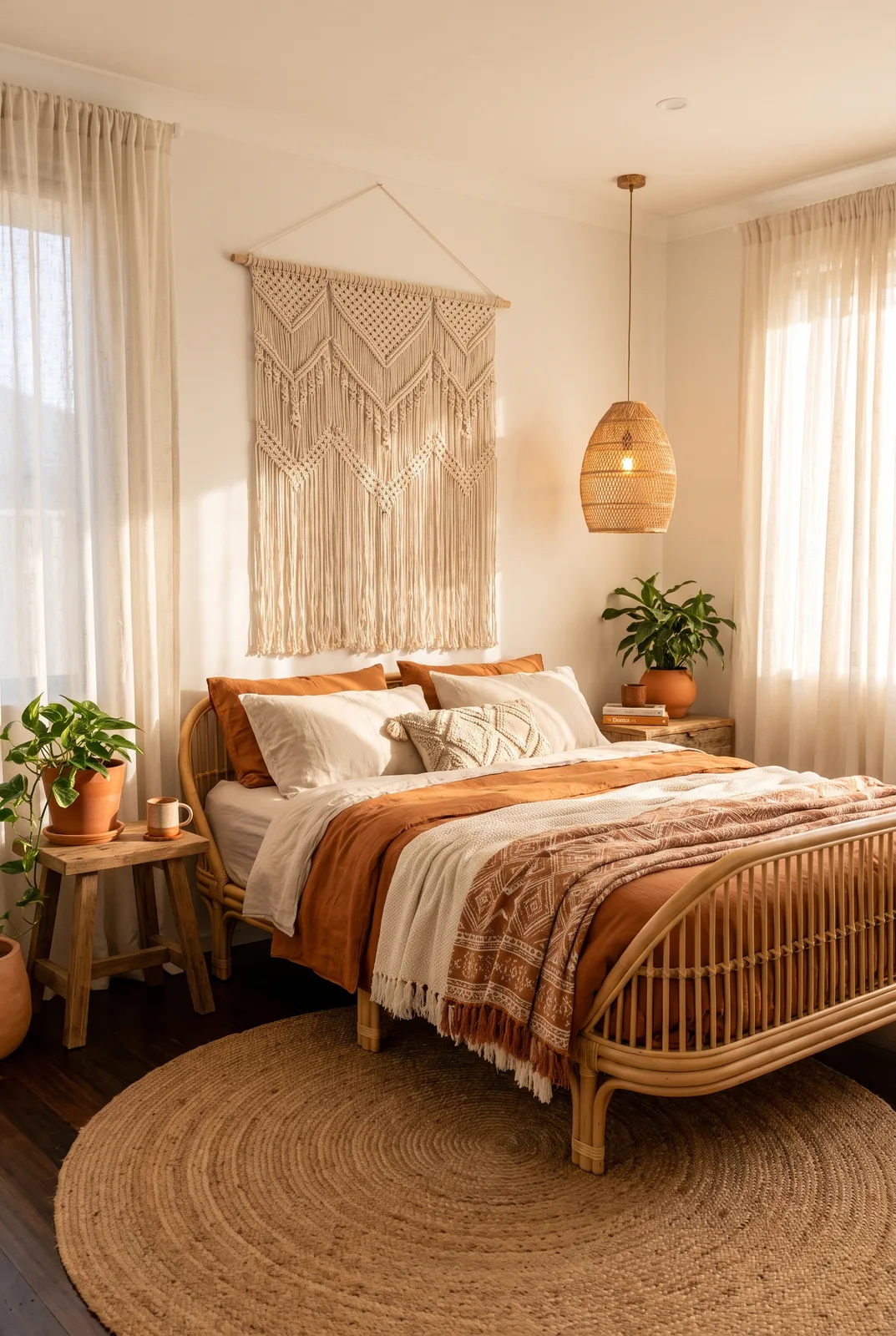 Boho-Schlafzimmer aus Rattan und Terrakotta