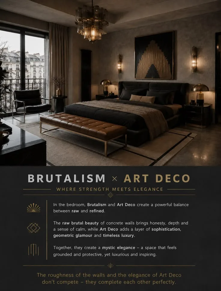 Brutalismus-Art-Deco-Schlafzimmer: rohe Eleganz