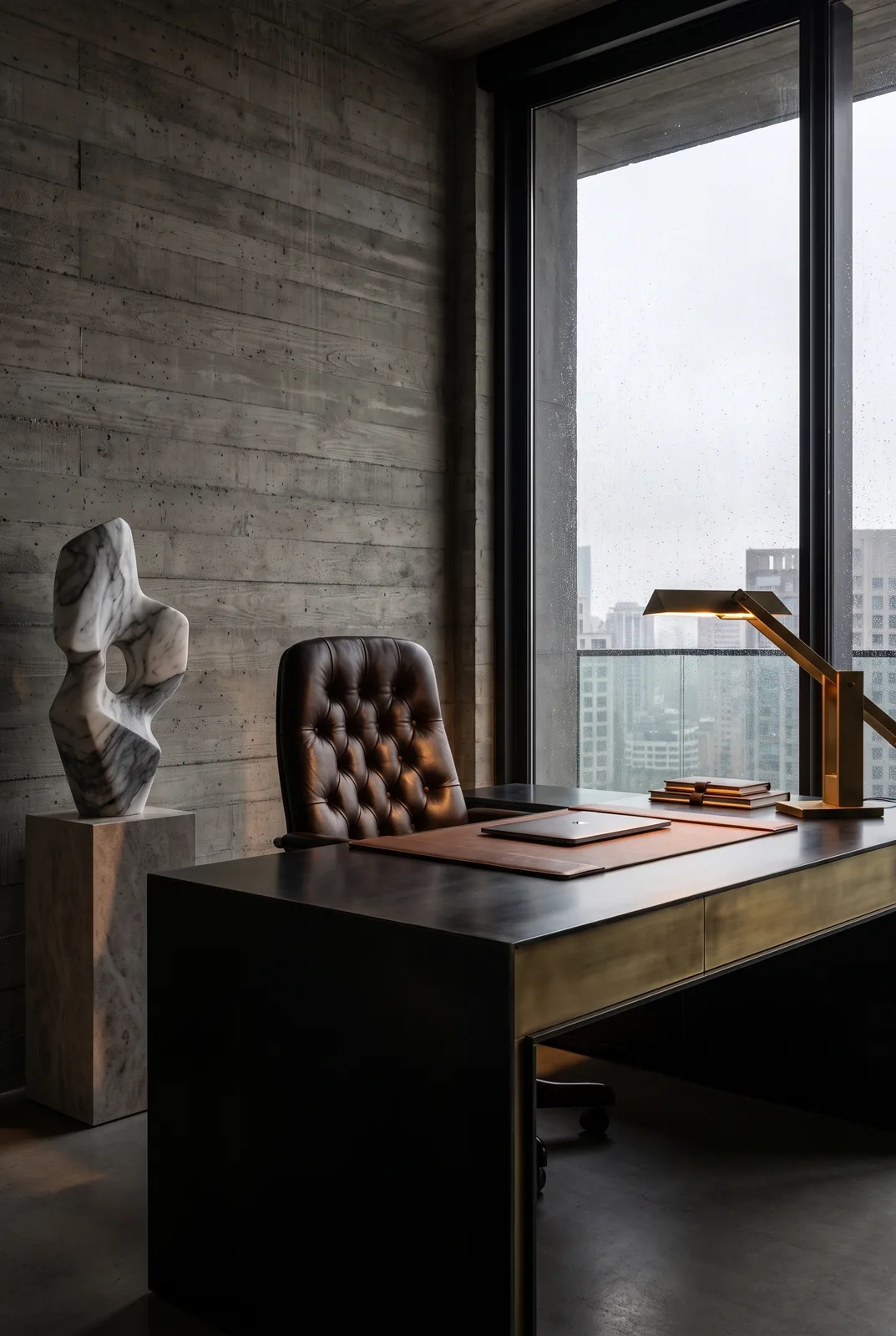 Brutalistisches Luxusbüro mit Sichtbeton und Marmor