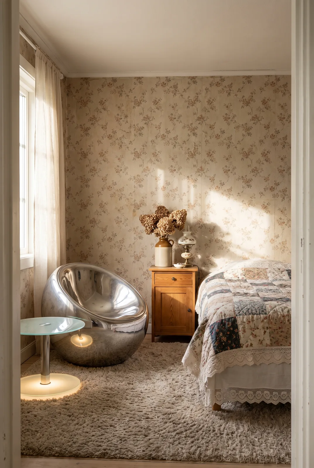Cottagecore-Schlafzimmer mit Space-Age-Akzent