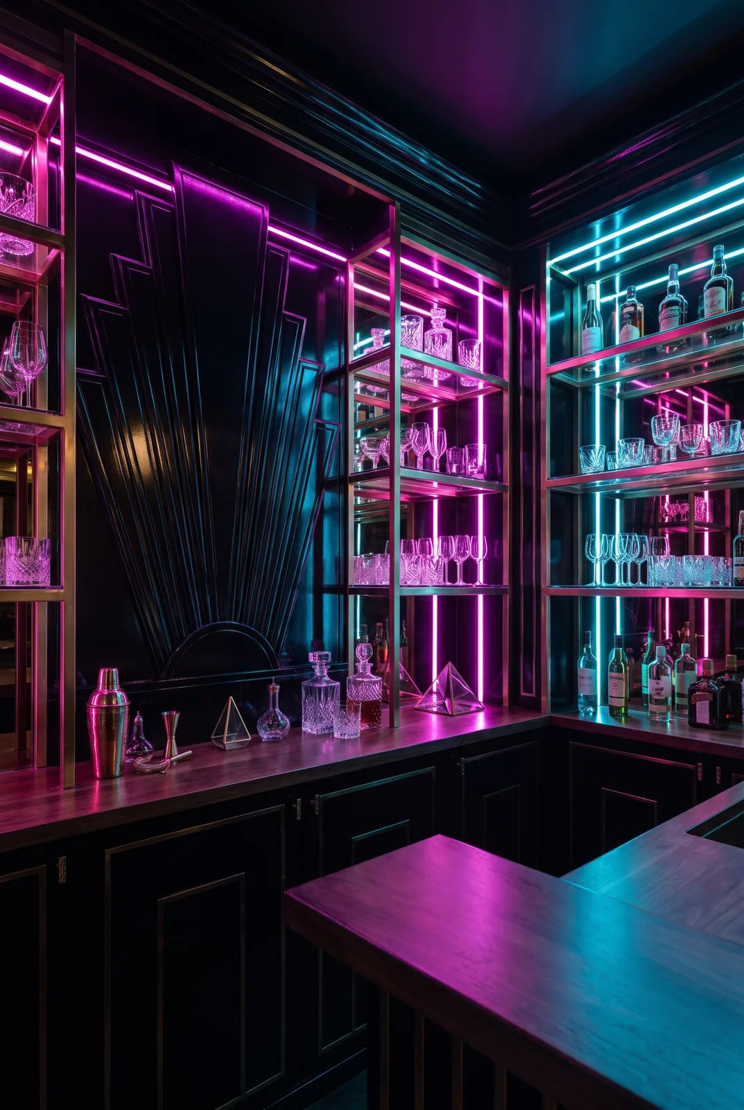 Cyberpunk-Neon trifft Art-Deco-Hausbar