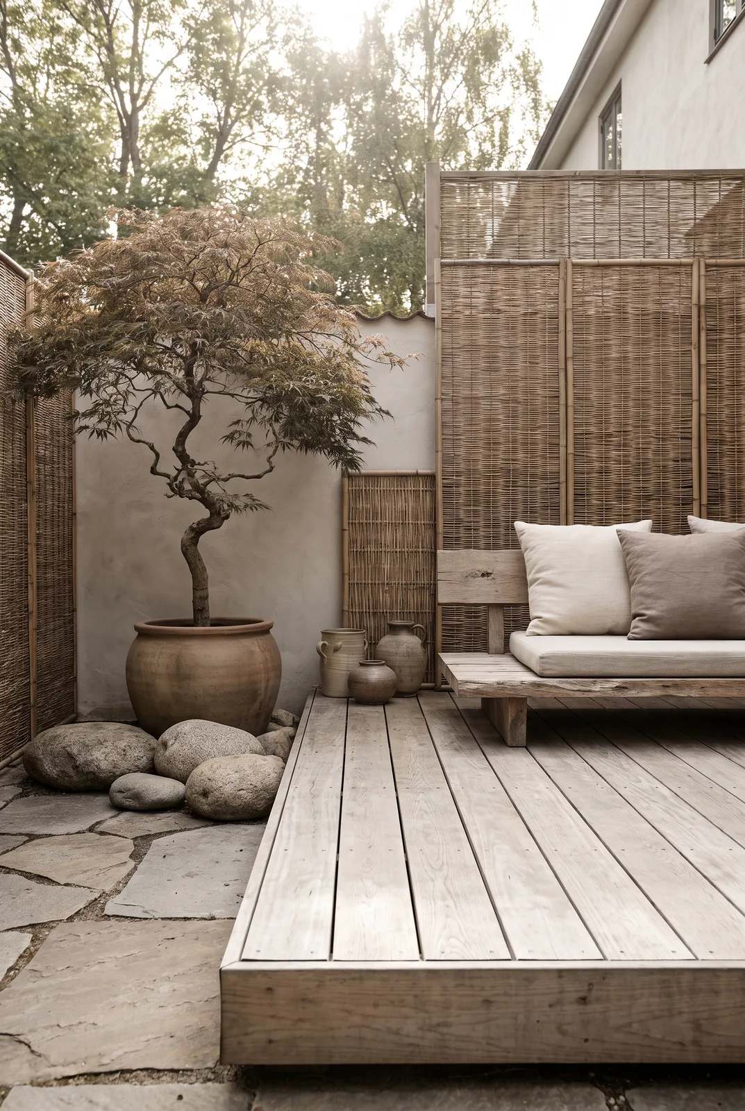 Japandi-Garten mit Holzdeck und Ahornbaum
