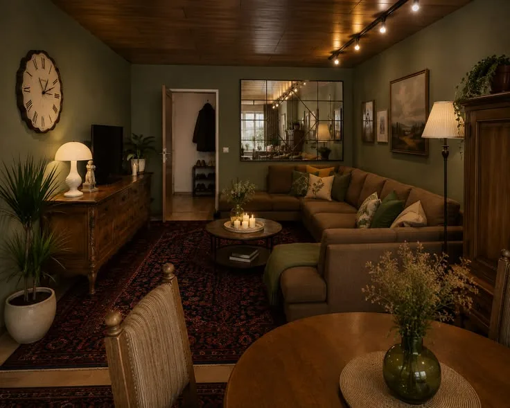 Moody Vintage-Wohnzimmer in Dunkelgrün