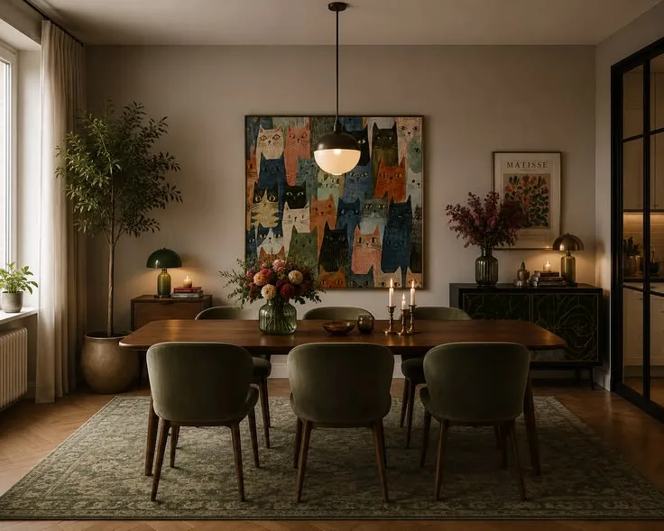 Modern-Organic-Esszimmer mit Katzenkunst