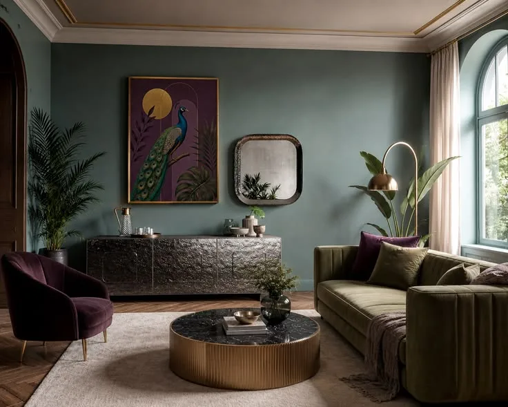 Pfau-Wohnzimmer mit violettem Twist