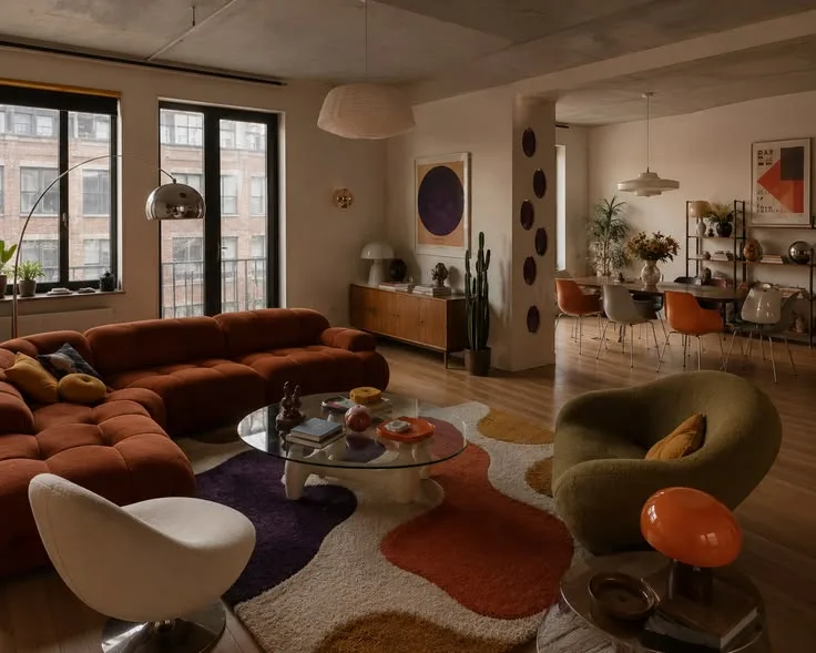 Farbenfrohes Space-Age-Wohnzimmer: Einrichtungsideen mit Ruhe