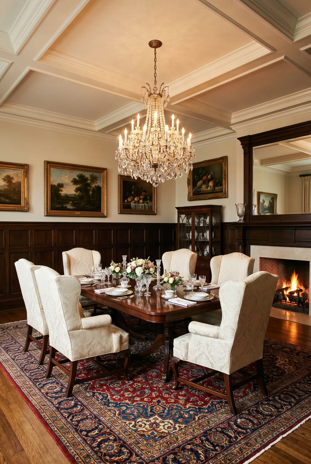 Traditionelles Esszimmer mit Holzvertäfelung und Kristallleuchter