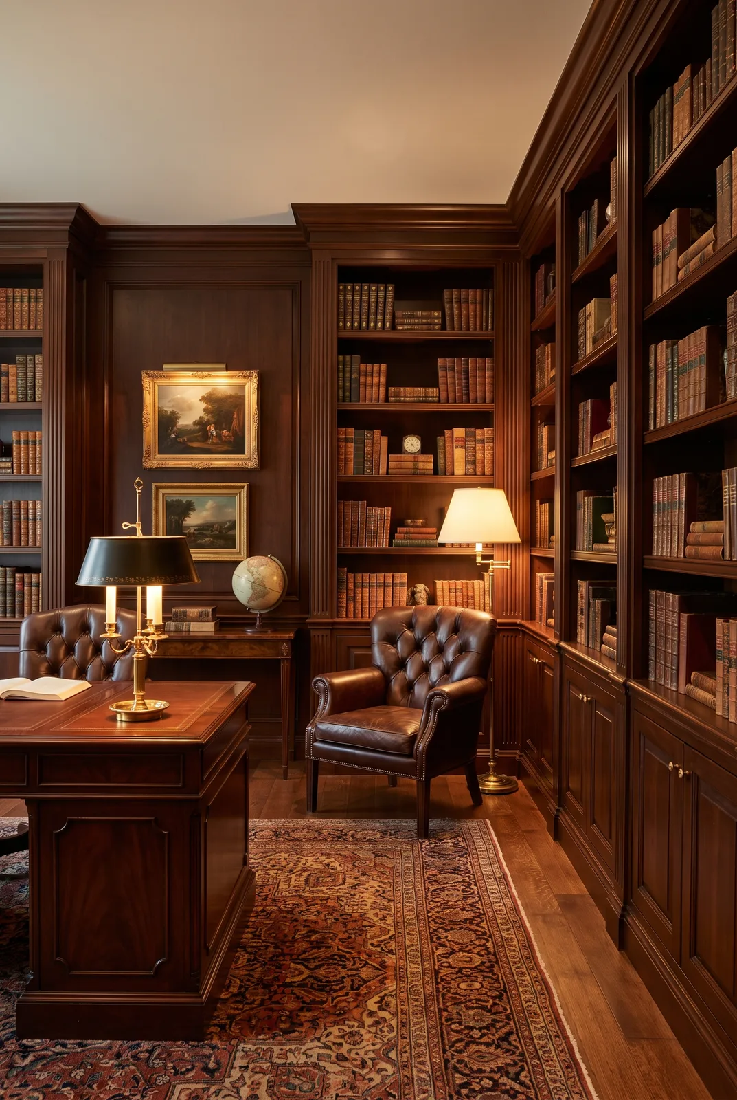 Traditionelle Heimbibliothek mit Chesterfield-Sessel