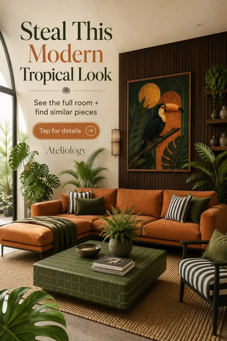 Modern-Tropical-Wohnzimmer: warm, atmosphärisch, elegant