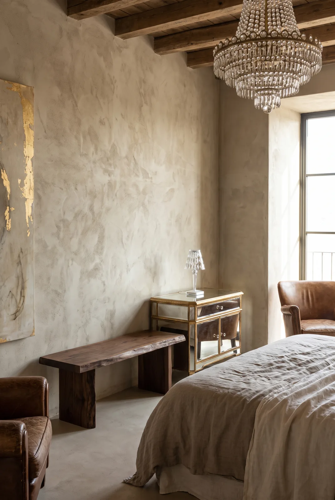 Wabi-Sabi trifft Hollywood Regency im Schlafzimmer