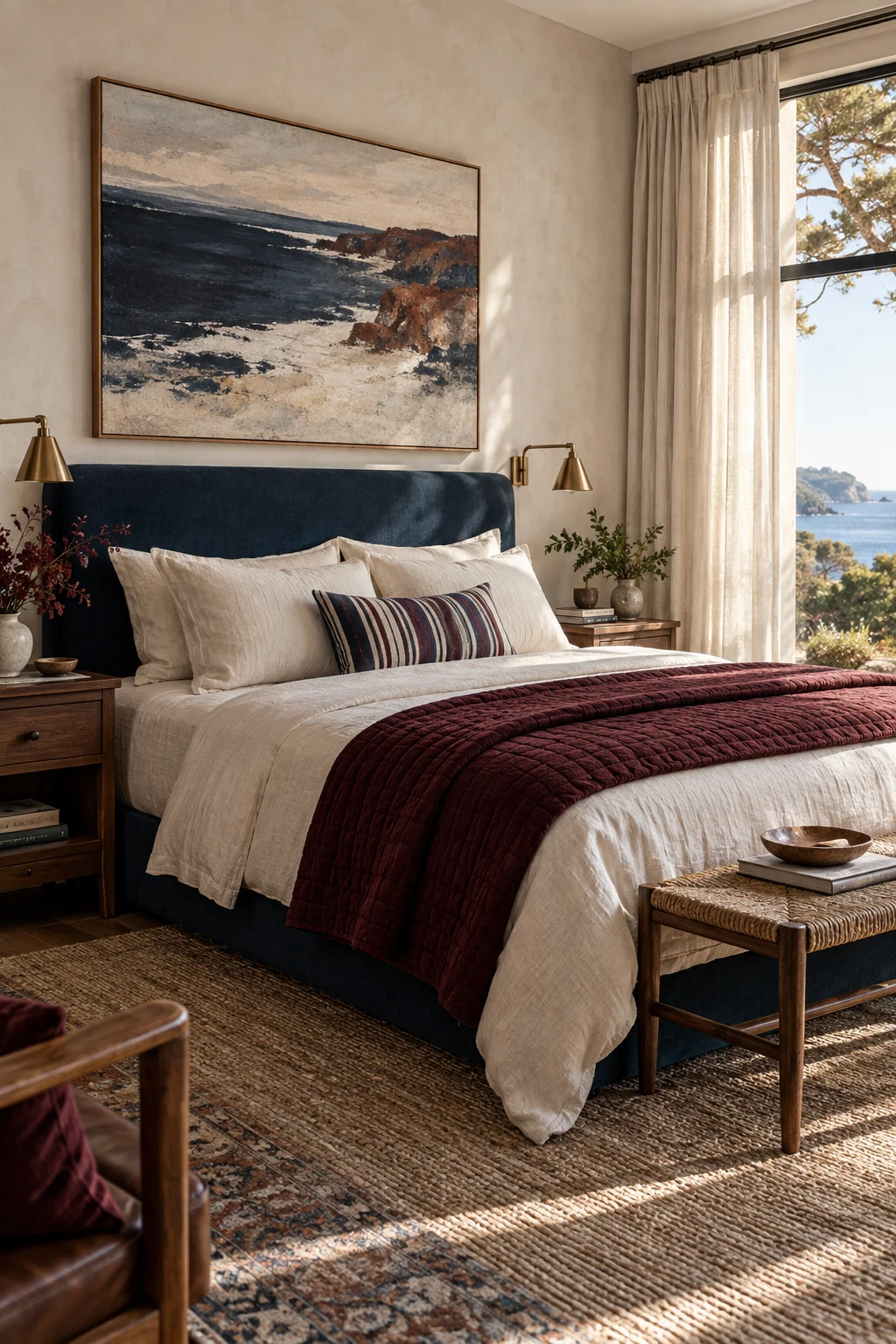 Navy-und-Burgunder-Schlafzimmer: moderner Küstenstil